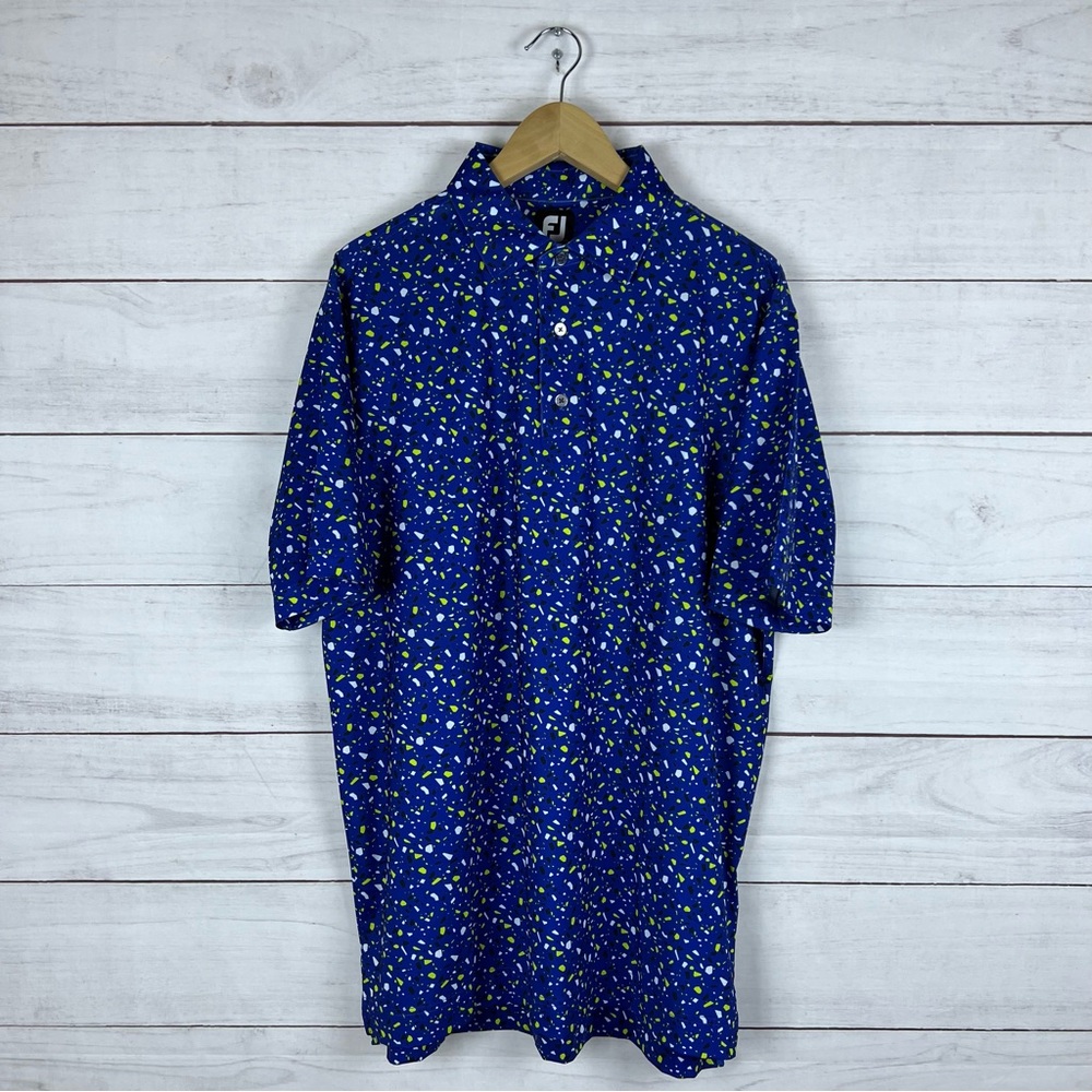 FootJoy Blue Patterned Golf Polo with White and Lime Accents